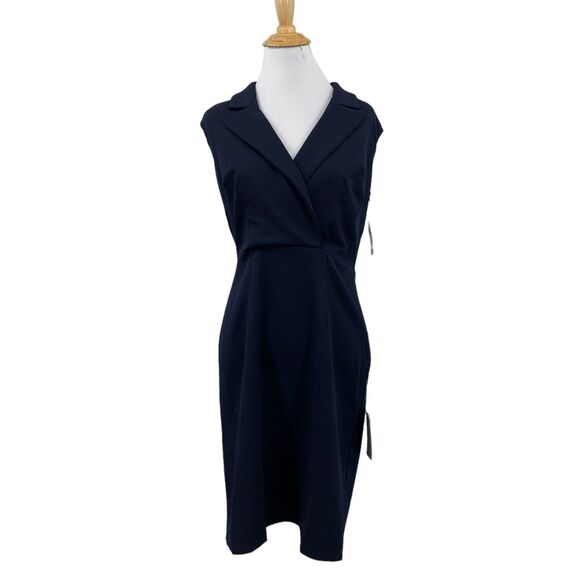 Donna Morgan Dress Womens 2 Navy Lapel Shawl Shoulder Pads Cap Sleeve Sheath - Picture 1 of 14